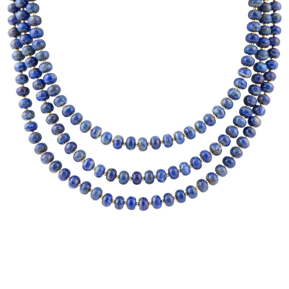 Blue Lapis Triple Strand Golden Necklace