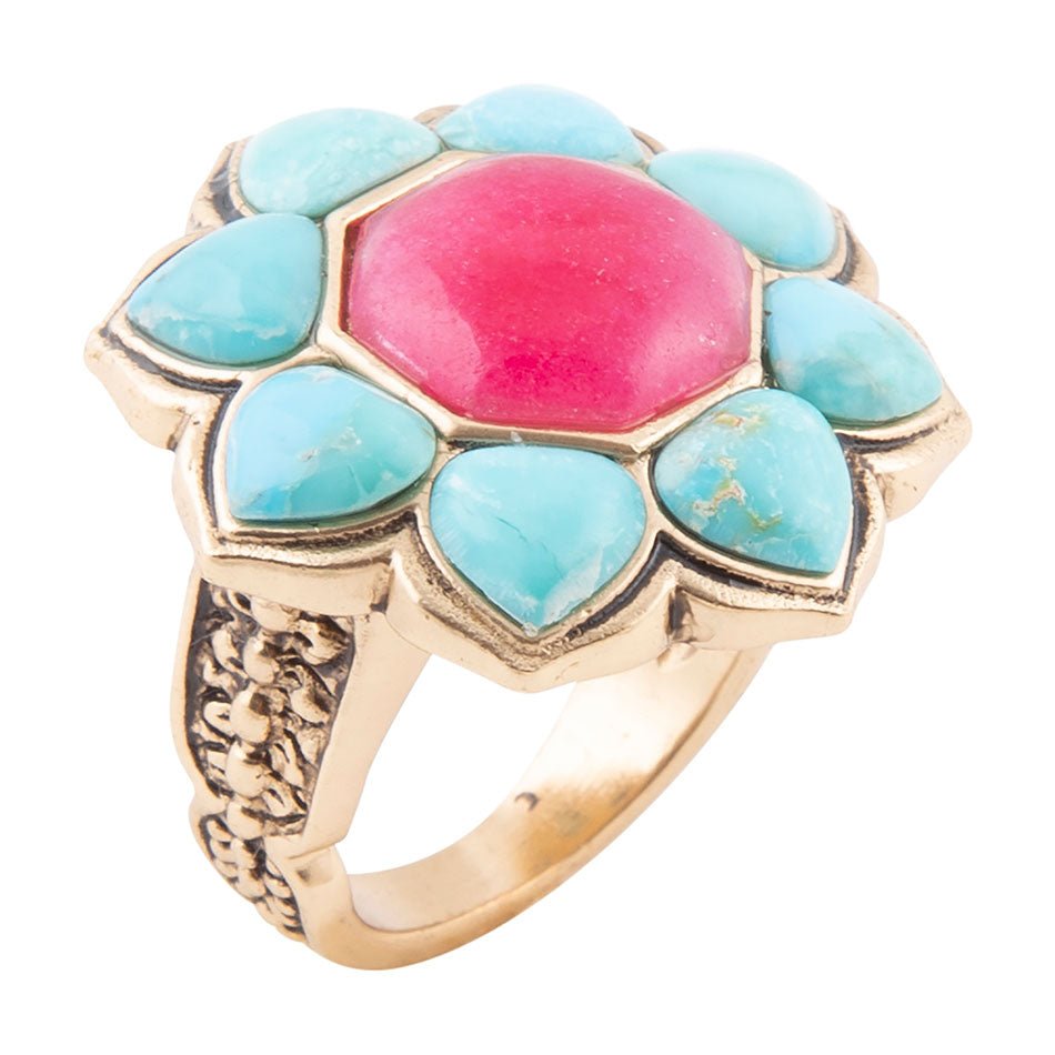 Blue Turquoise and Red Quartz Flower Golden Ring