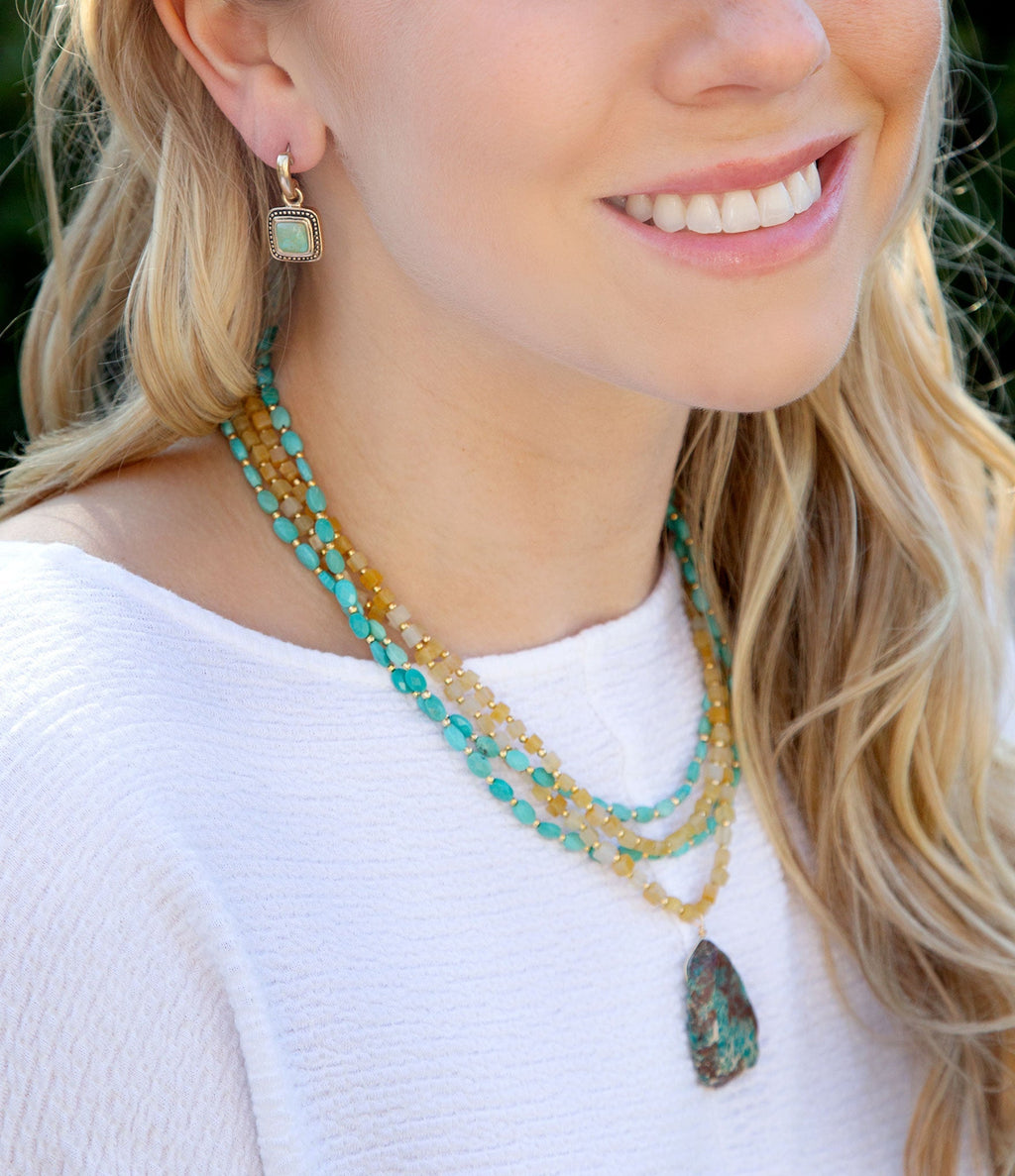 Blue Turquoise and Yellow Citrine Multi-Layer Golden Necklace