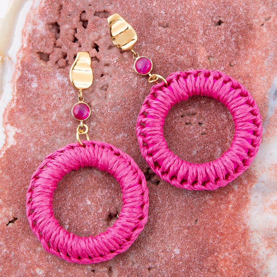 Dreams Pink Magenta Agate Woven Ring Golden Earrings