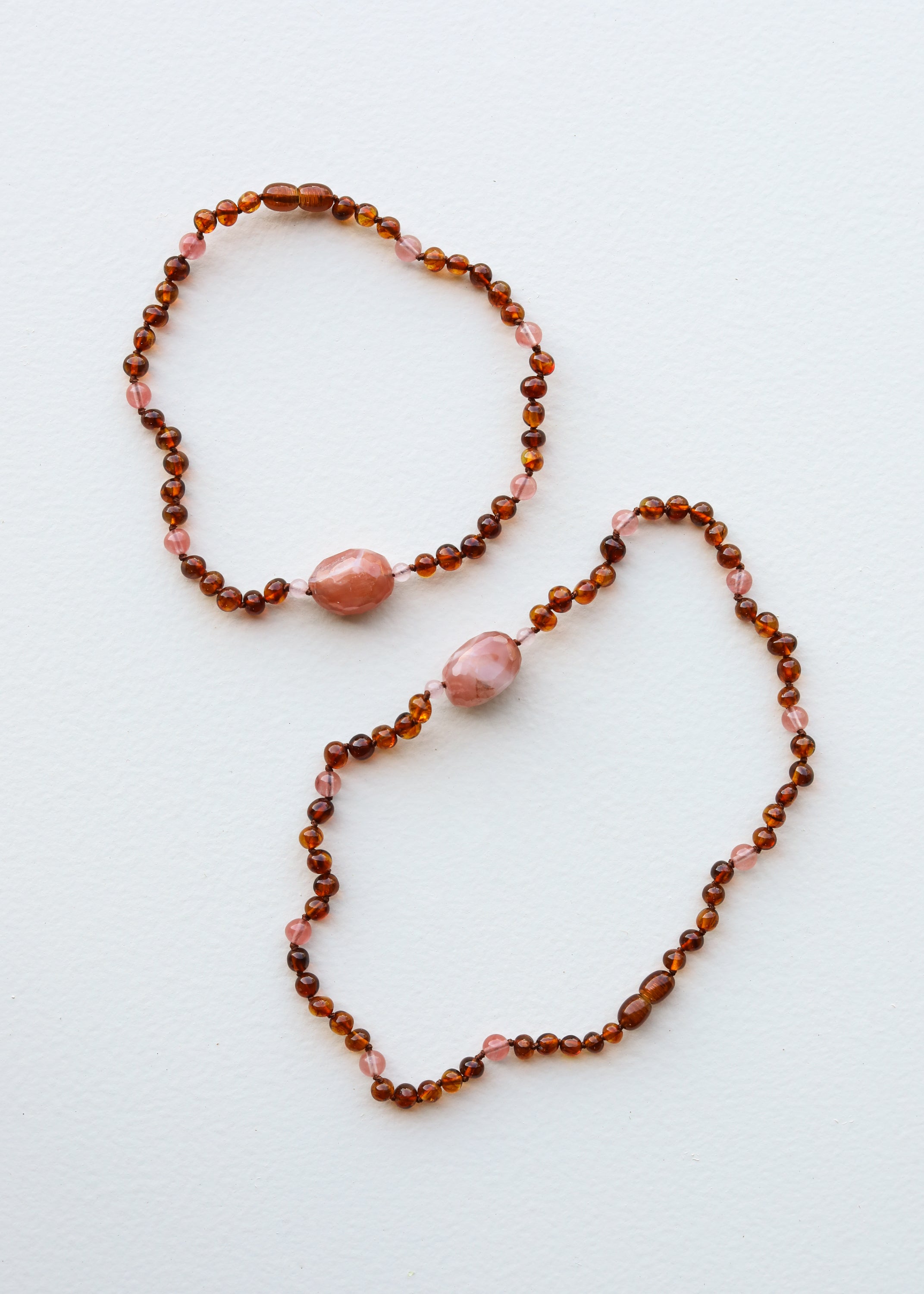 Cognac Baltic Sea Amber || Cherry + Rose Quartz || Necklace Set