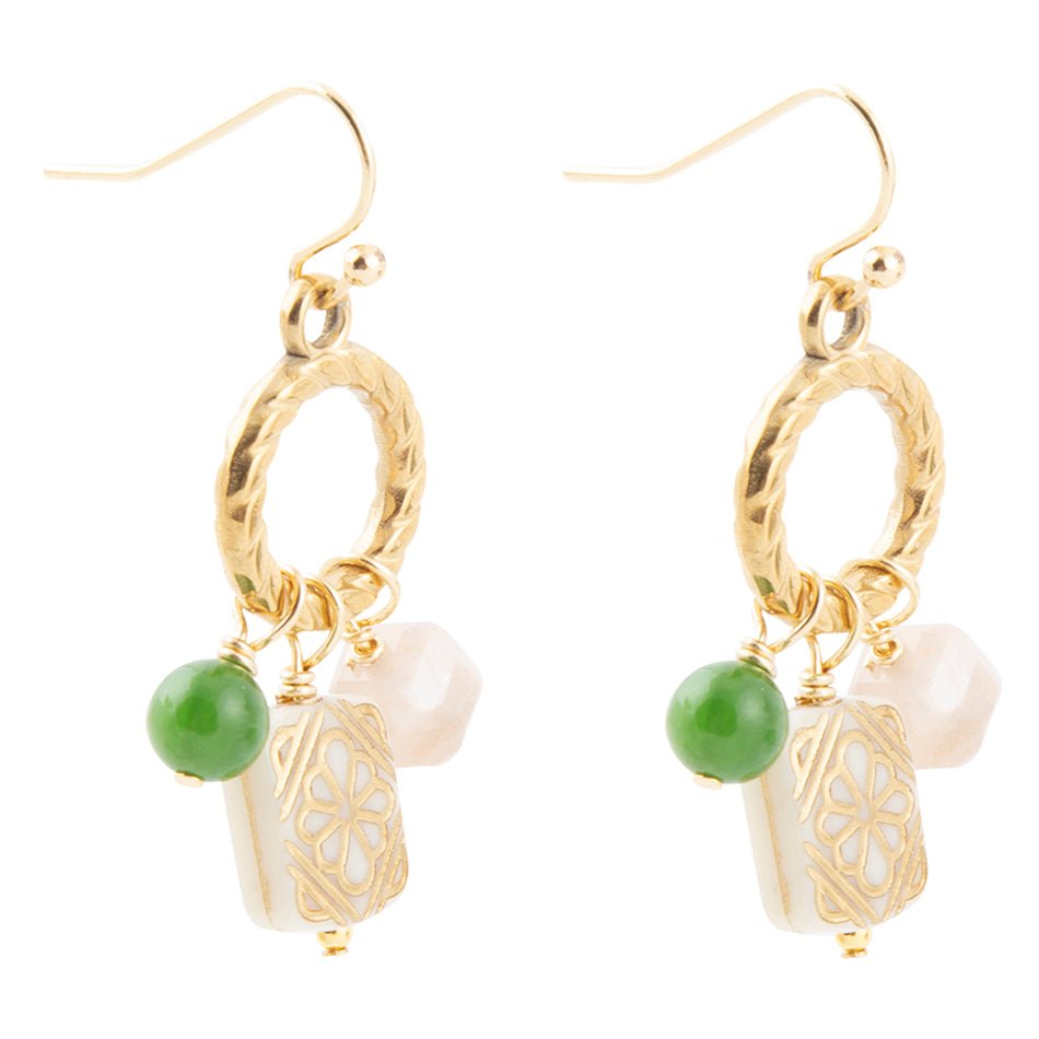 Green Jade and Pink Sunstone Golden Drop Earrings
