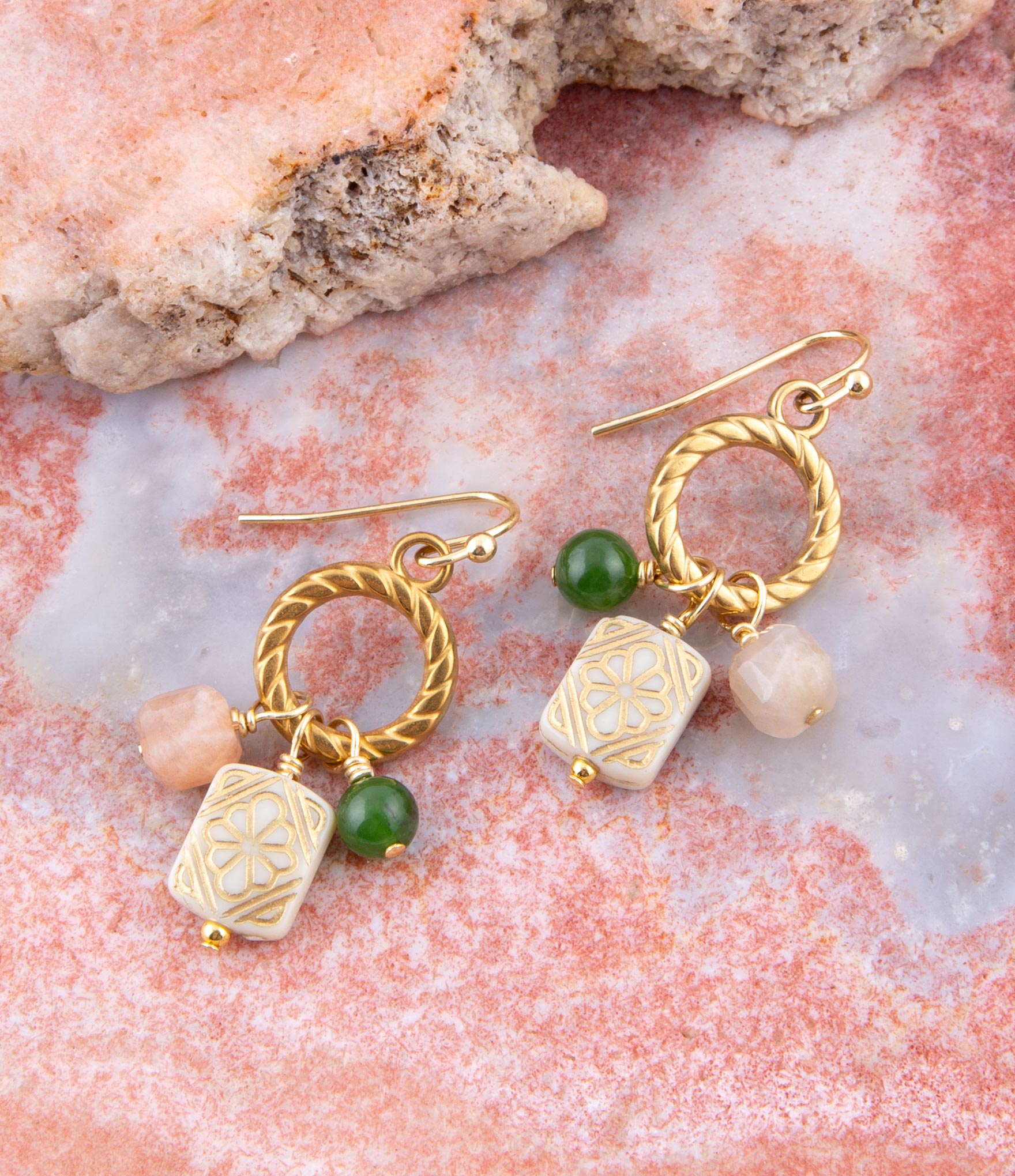 Green Jade and Pink Sunstone Golden Drop Earrings