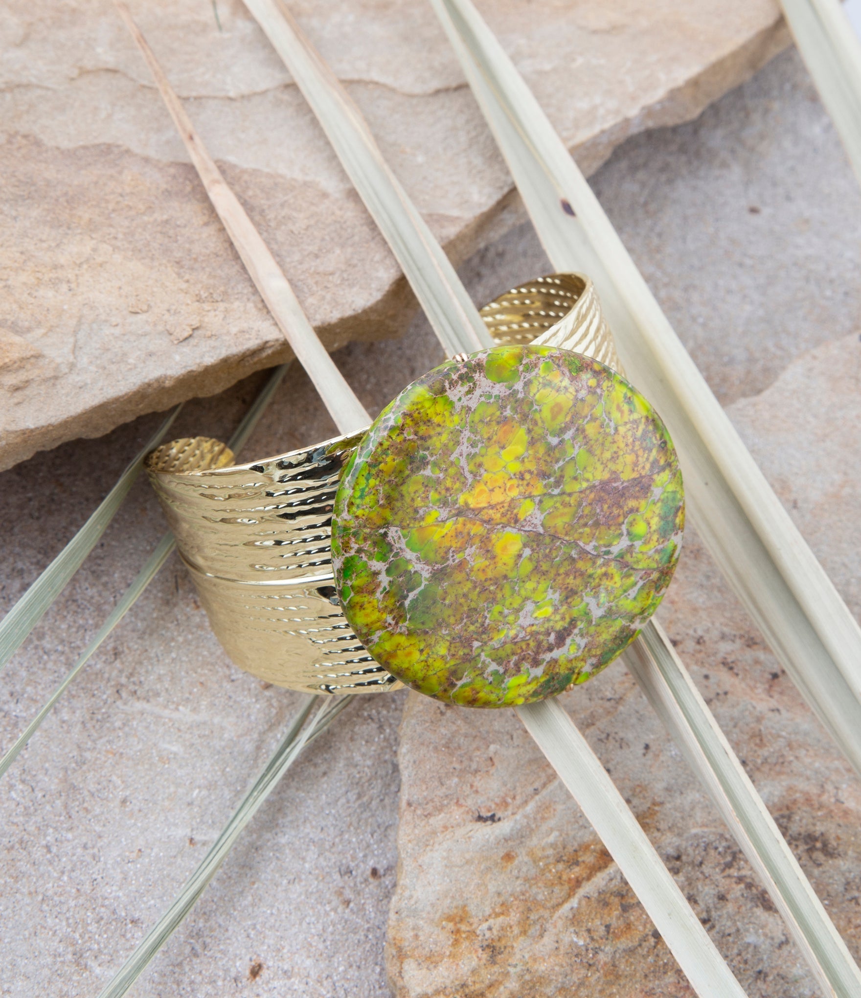 Lime Green Jasper Golden Statement Cuff Bracelet