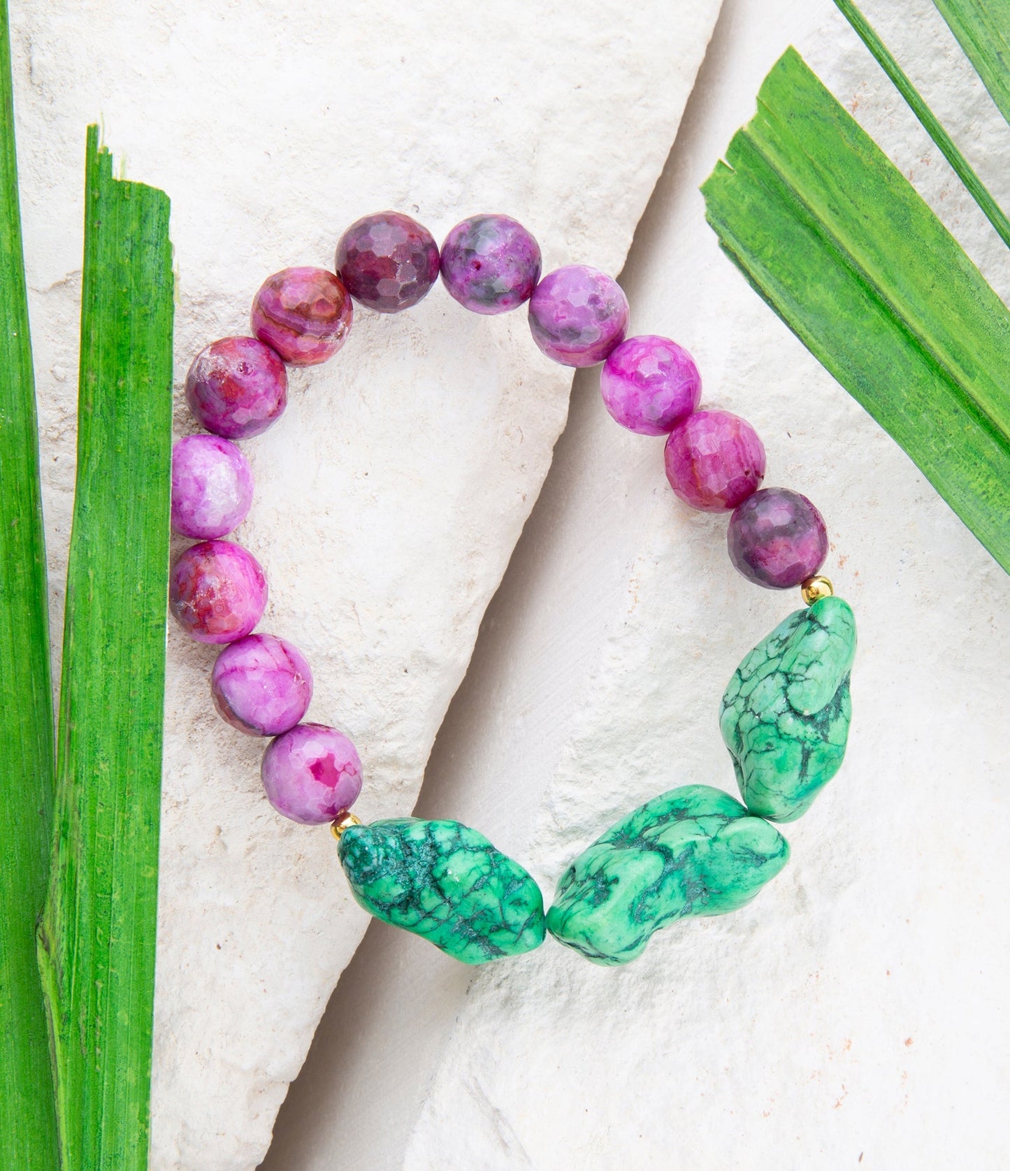 Pink Lace Agate Lime Golden Stretch Bracelet