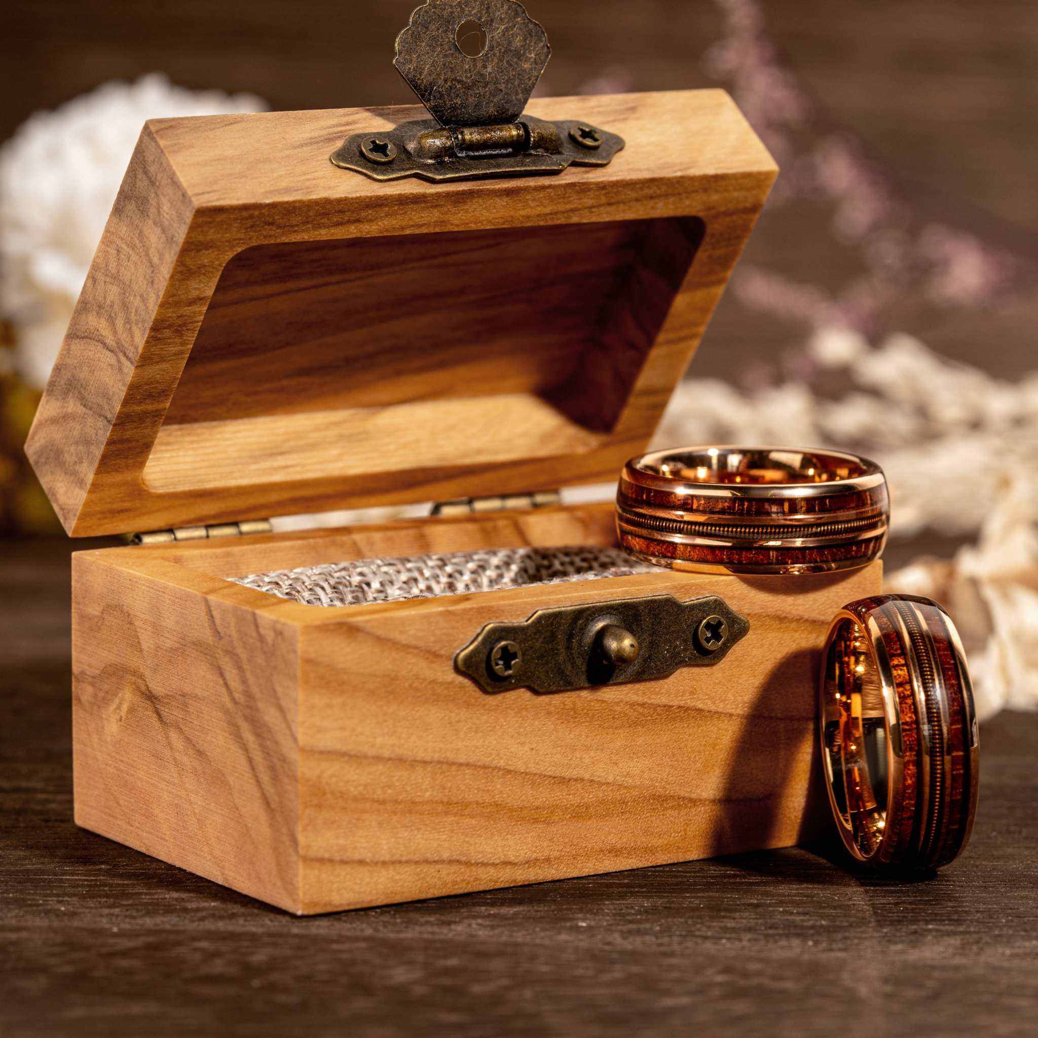 Guitar String Whiskey Barrel Wood Ring - Rose Gold Band Tungsten