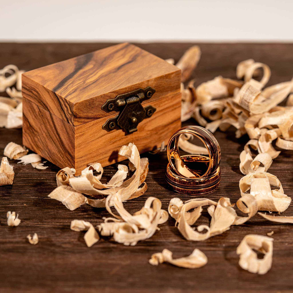 Guitar String Whiskey Barrel Wood Ring - Rose Gold Band Tungsten