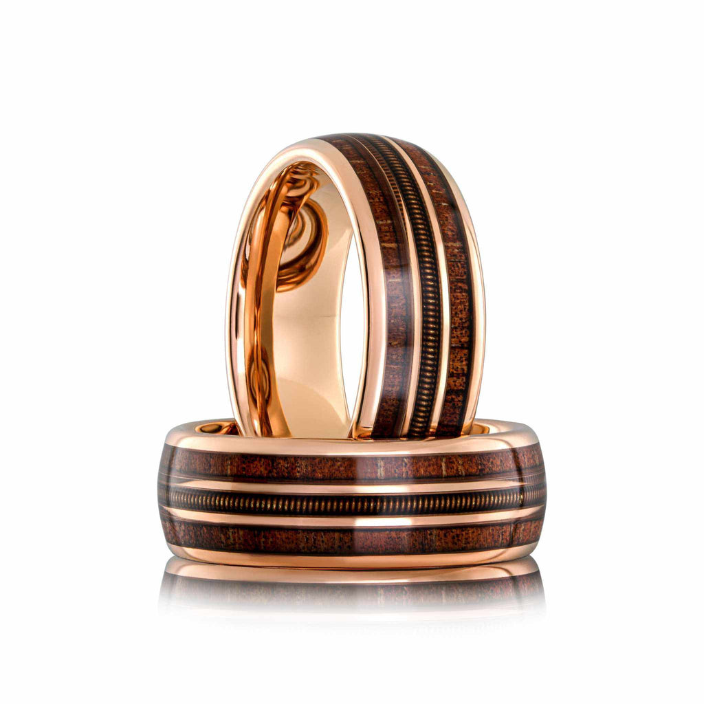 Guitar String Whiskey Barrel Wood Ring - Rose Gold Band Tungsten