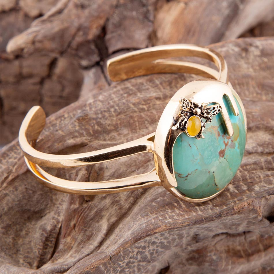 Honey Bee Blue Turquoise Golden Cuff Bracelet