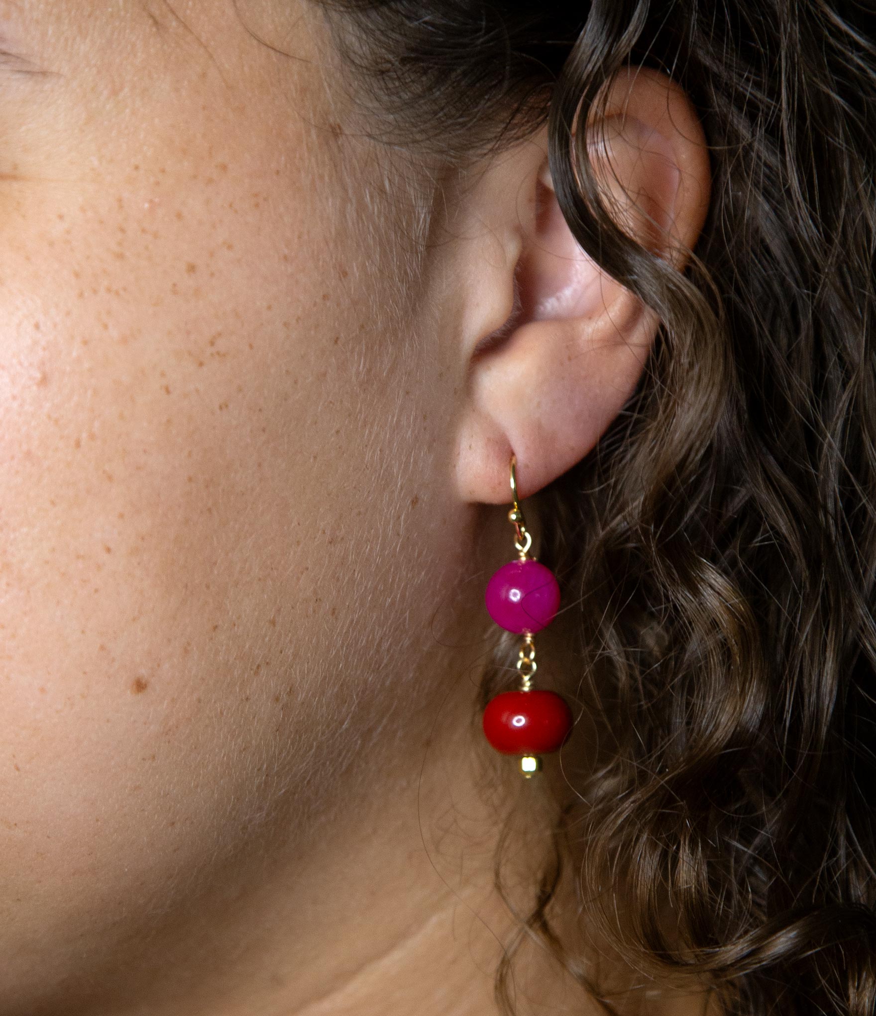 Jade Pink Fuchsia Sunset Red Golden Drop Earrings