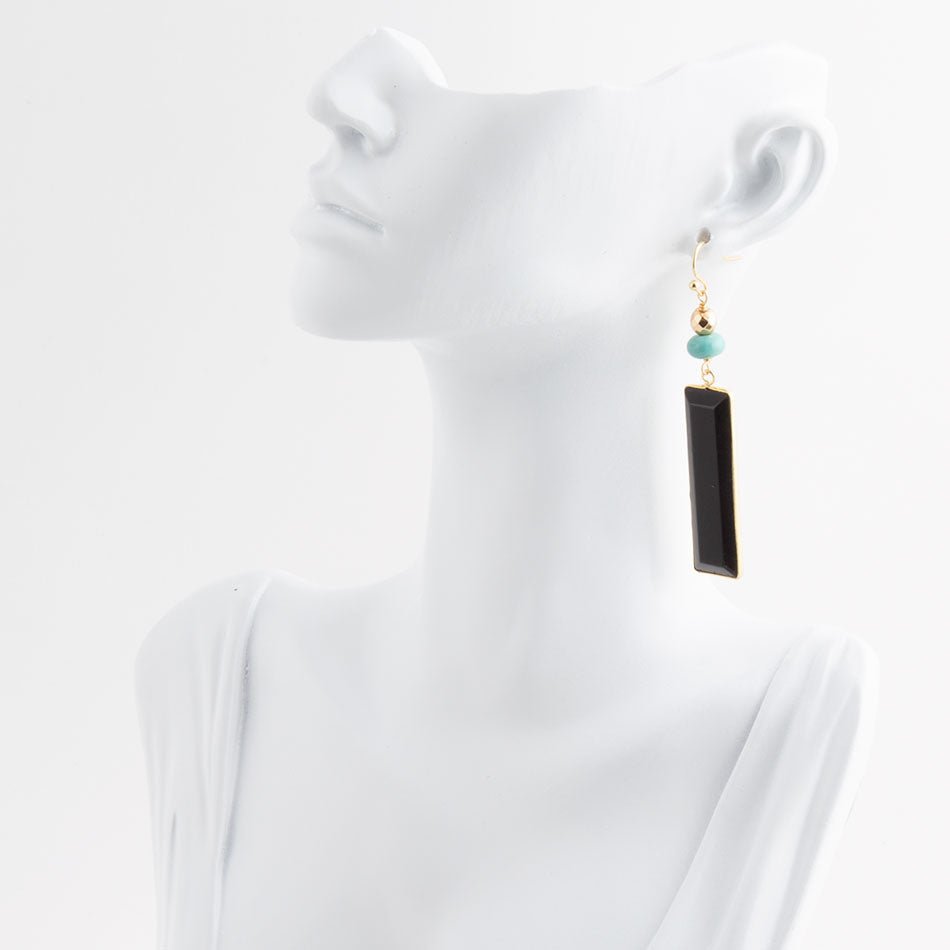 Jett Black Onyx Linear Golden Drop Earrings