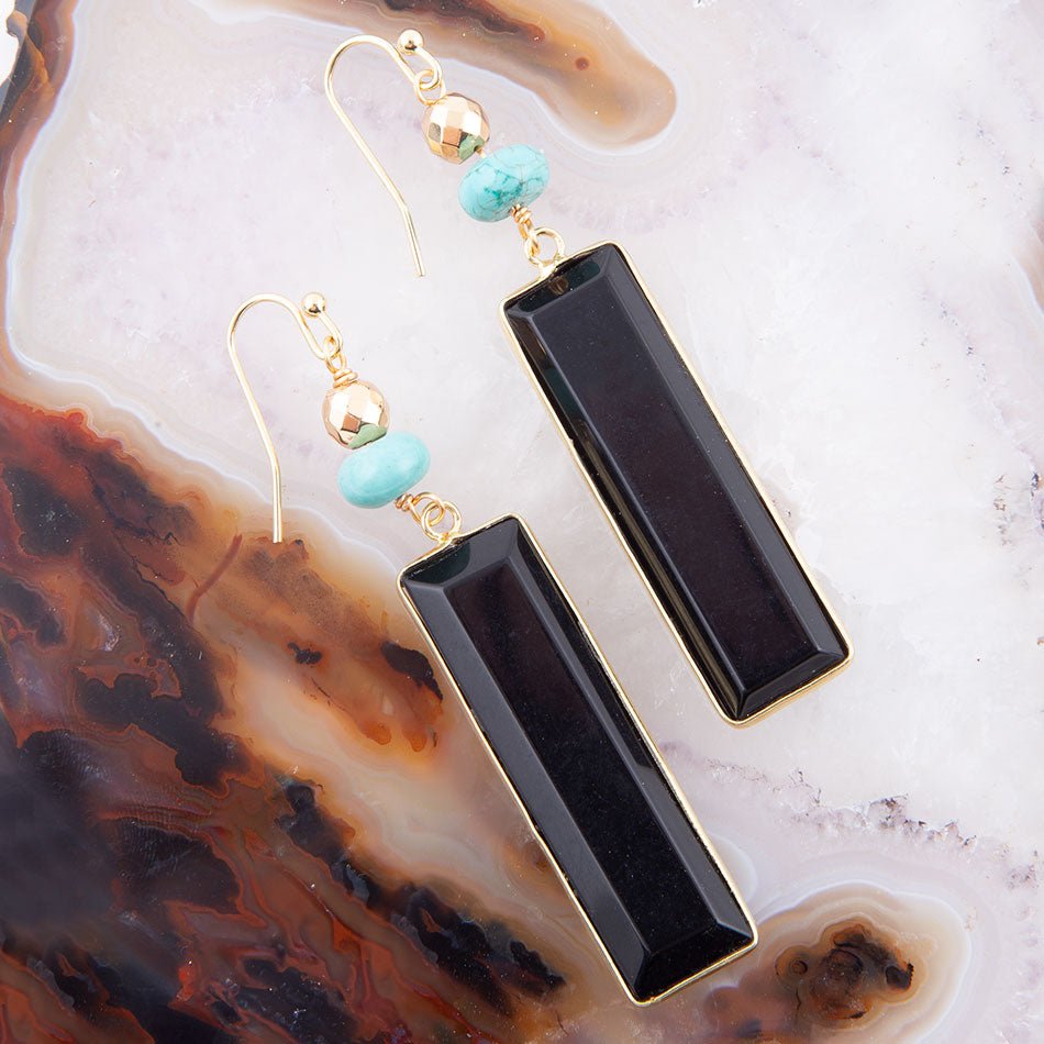 Jett Black Onyx Linear Golden Drop Earrings