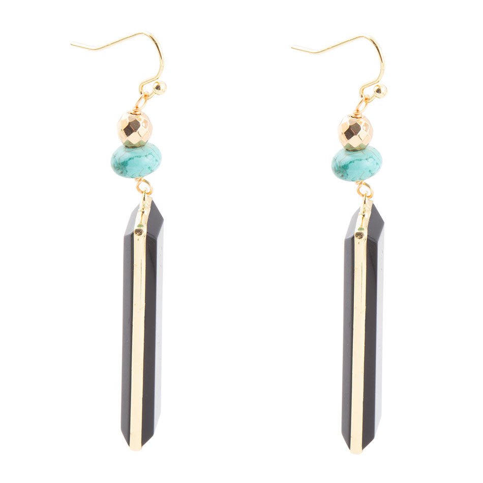 Jett Black Onyx Linear Golden Drop Earrings