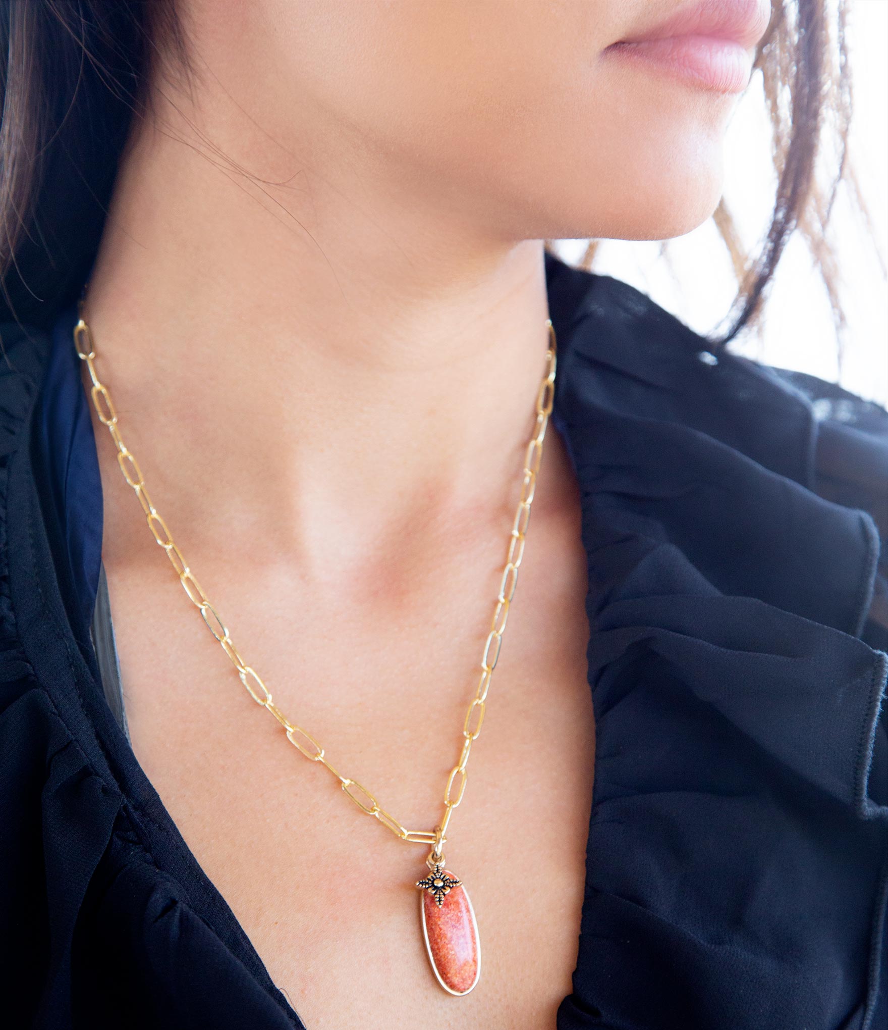 Lucent Orange Sponge Coral Pendant Golden Chain Necklace