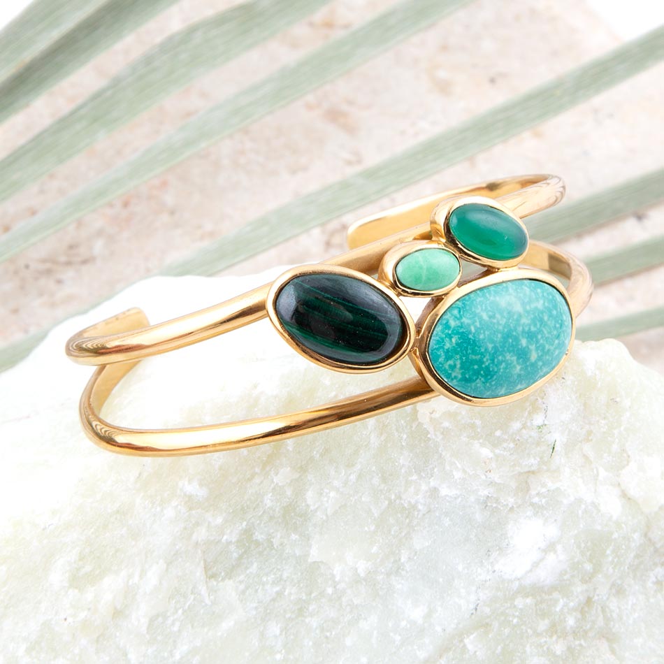 Multi Green Stones Golden Cuff Bracelets