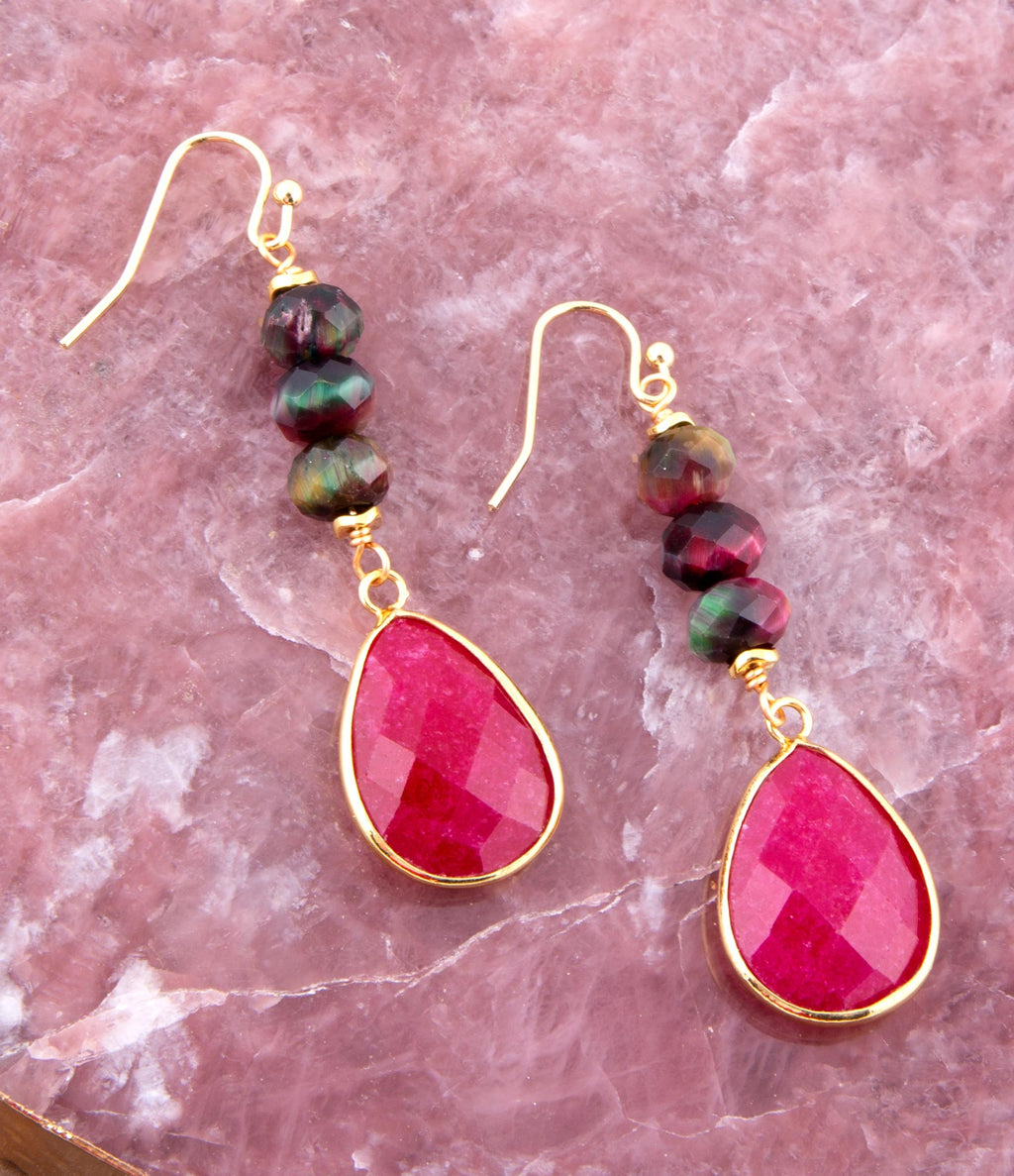 Jeweled Multicolor Tiger's Eye and Pink Agate Golden Drop Earrings