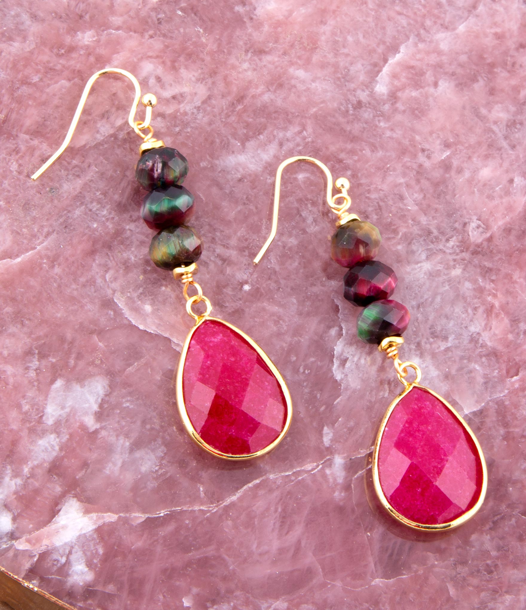 Jeweled Multicolor Tiger's Eye and Pink Agate Golden Drop Earrings