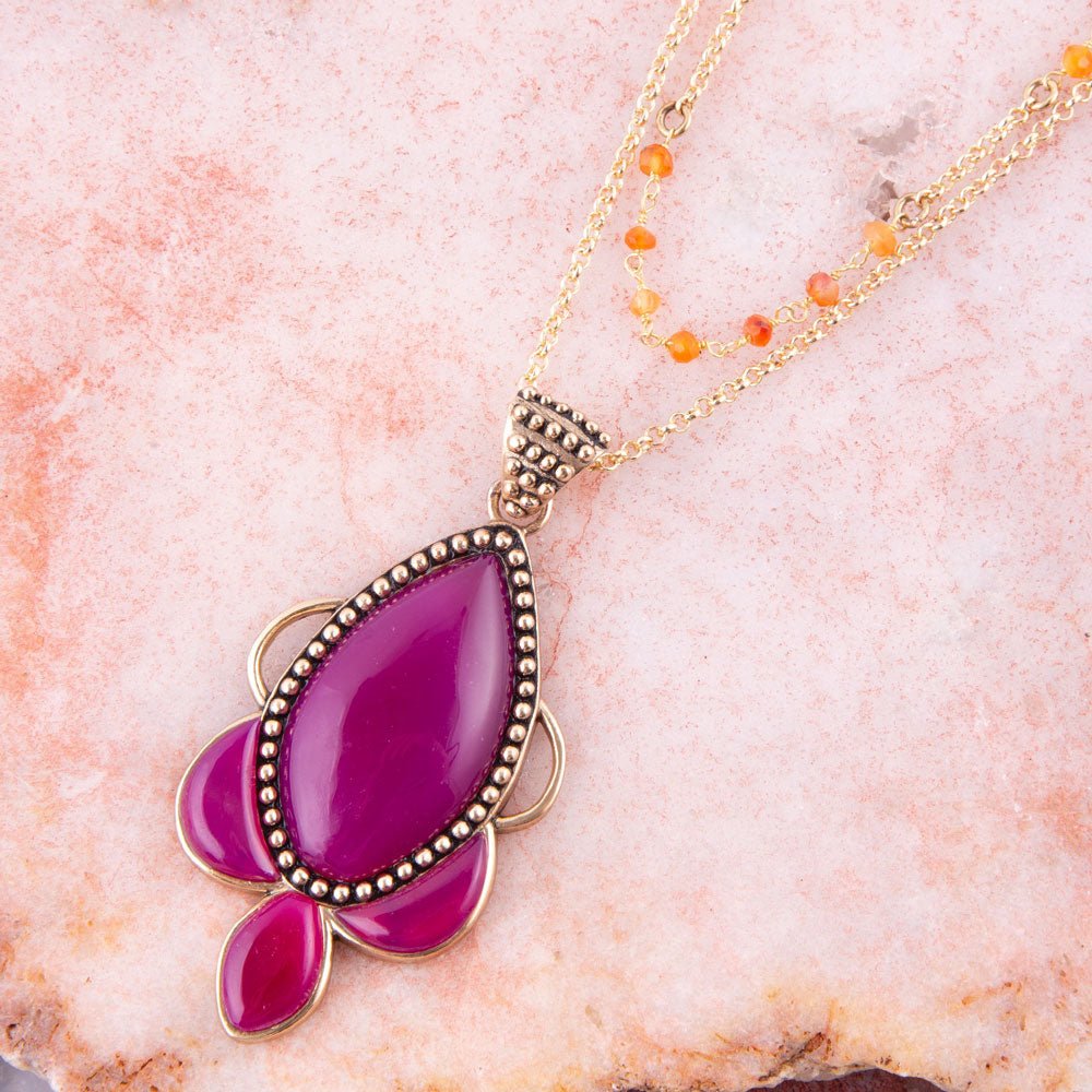 Neims Pink Carnelian Golden Pendant Necklace