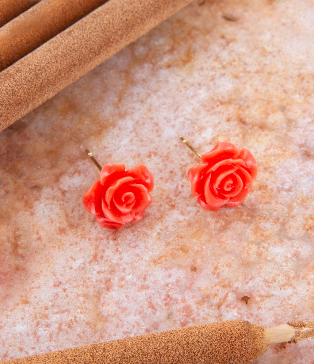 Orange Coral Rose Post Stud Earrings