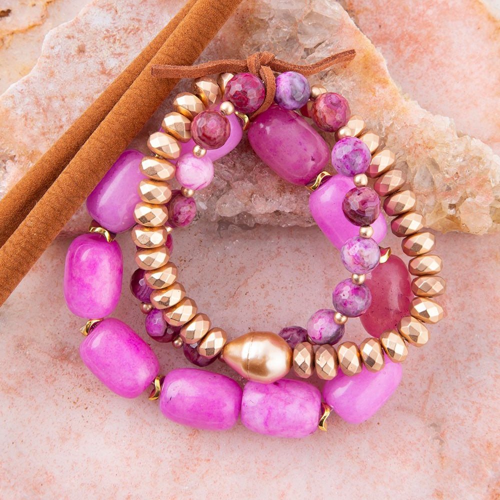 Peony Fuchsia Pink Jade Golden Stretch Bracelet Set