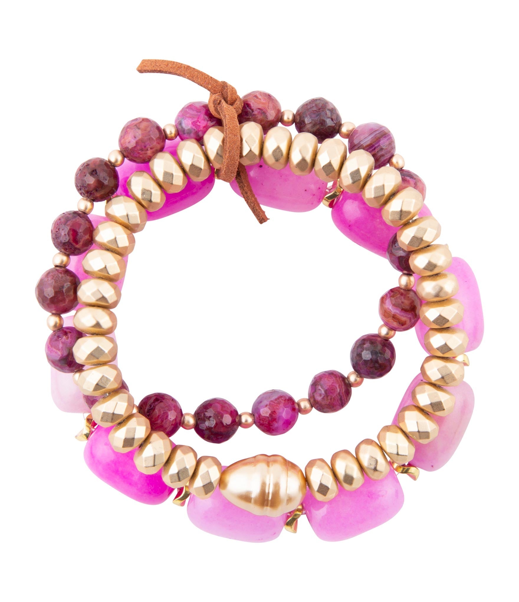 Peony Fuchsia Pink Jade Golden Stretch Bracelet Set