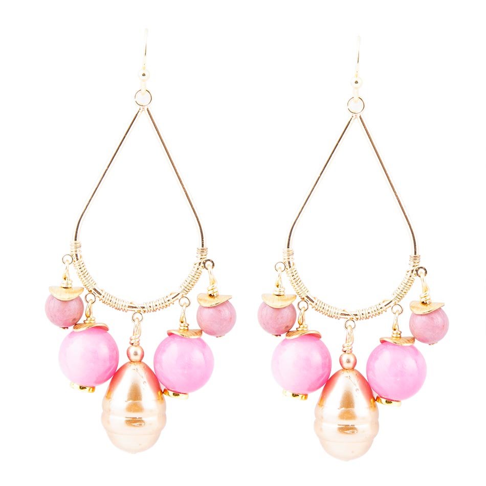 Peony Fuchsia Pink Jade Golden Drop Earrings