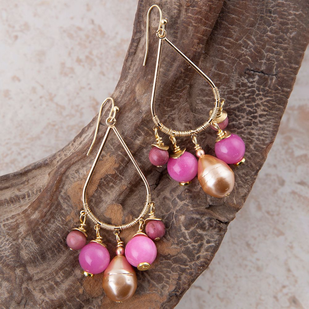 Peony Fuchsia Pink Jade Golden Drop Earrings