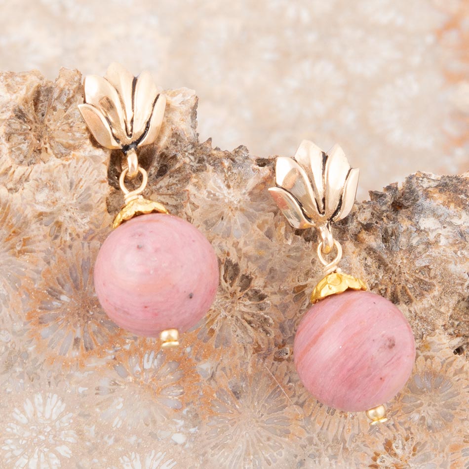 Pink Rhodonite Golden Lotus Drop Earrings