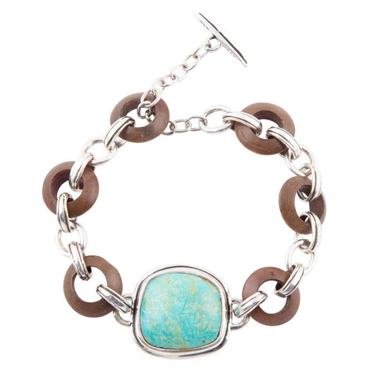 Precious Turquoise and Wood Sterling Silver Toggle Bracelet