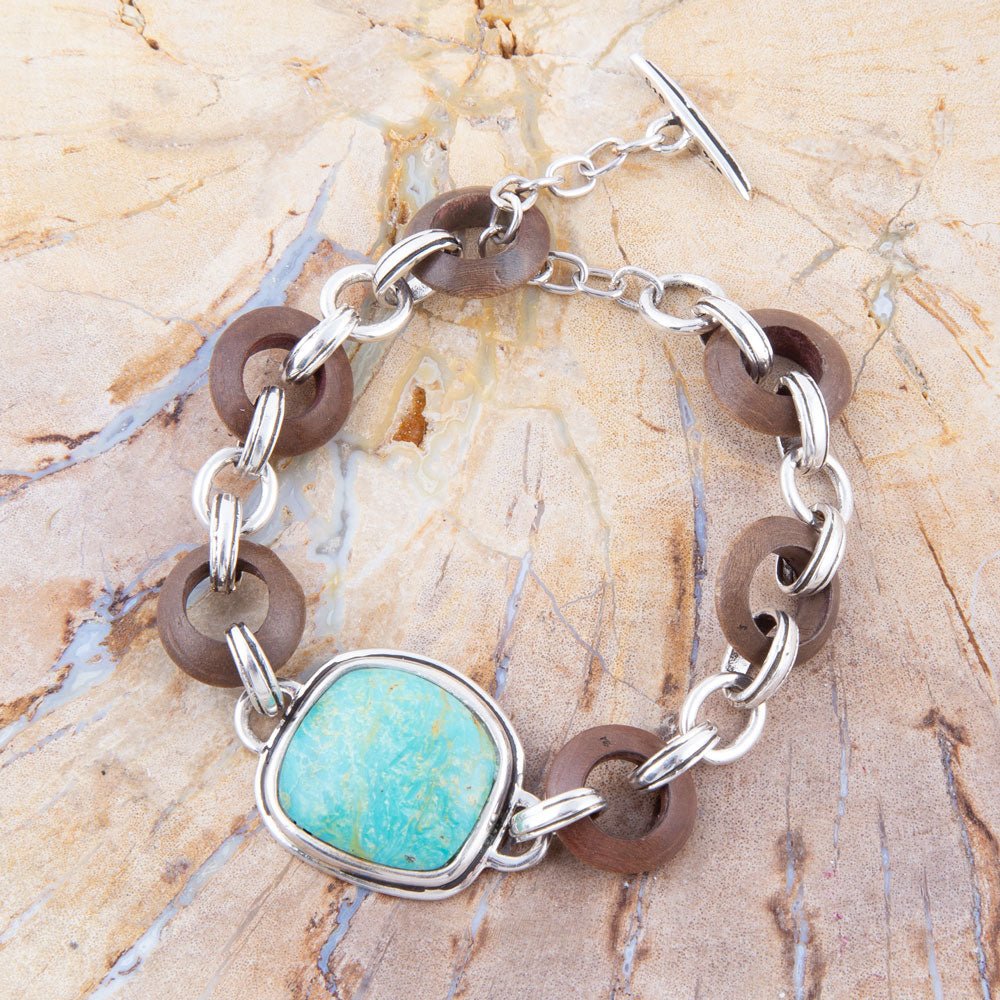Precious Turquoise and Wood Sterling Silver Toggle Bracelet