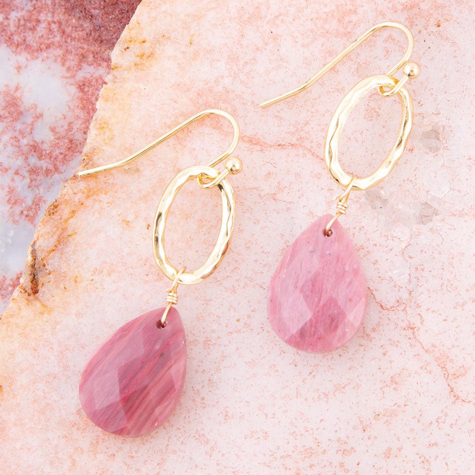 Pretty Drops of Pink Rhodonite Golden Drop Earrings