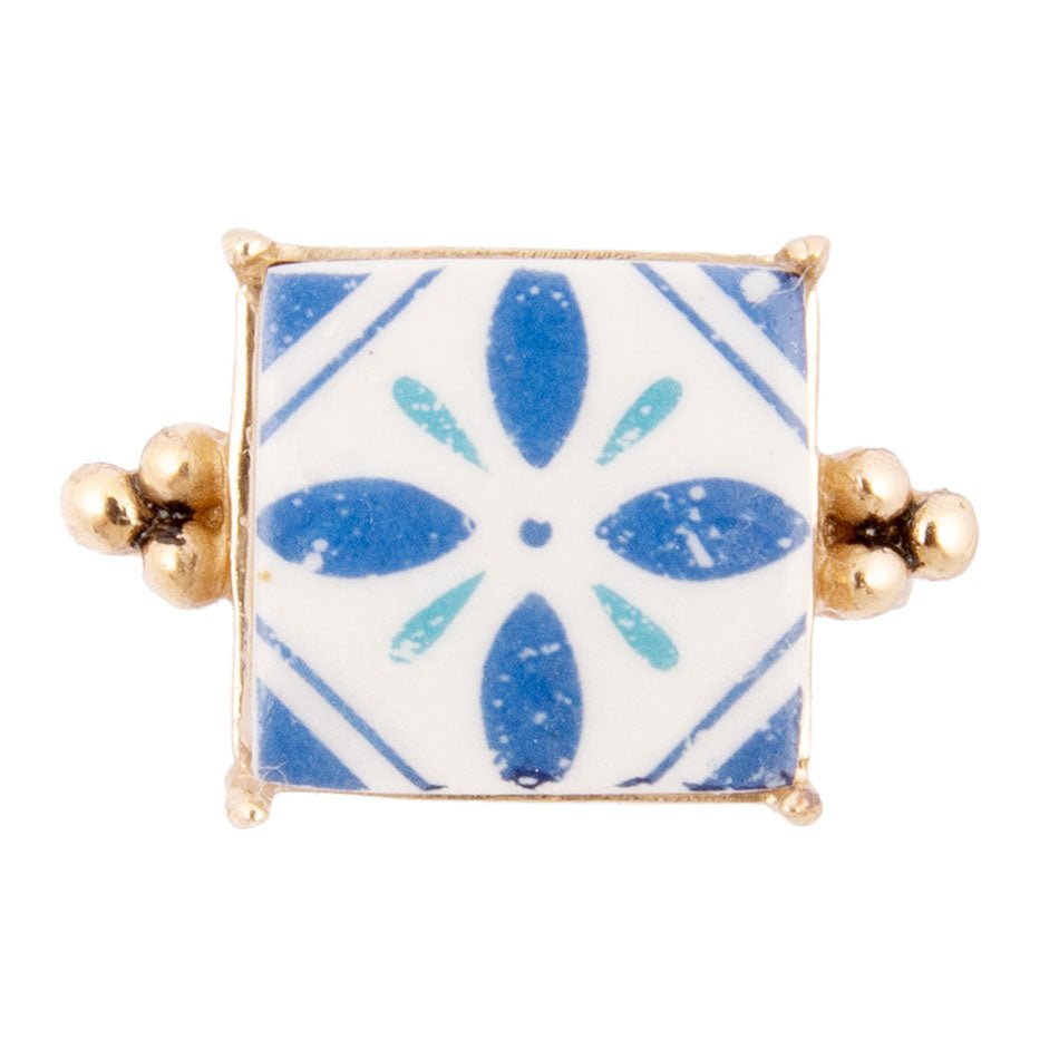 Santorini Blue and White Tile Golden Statement Ring