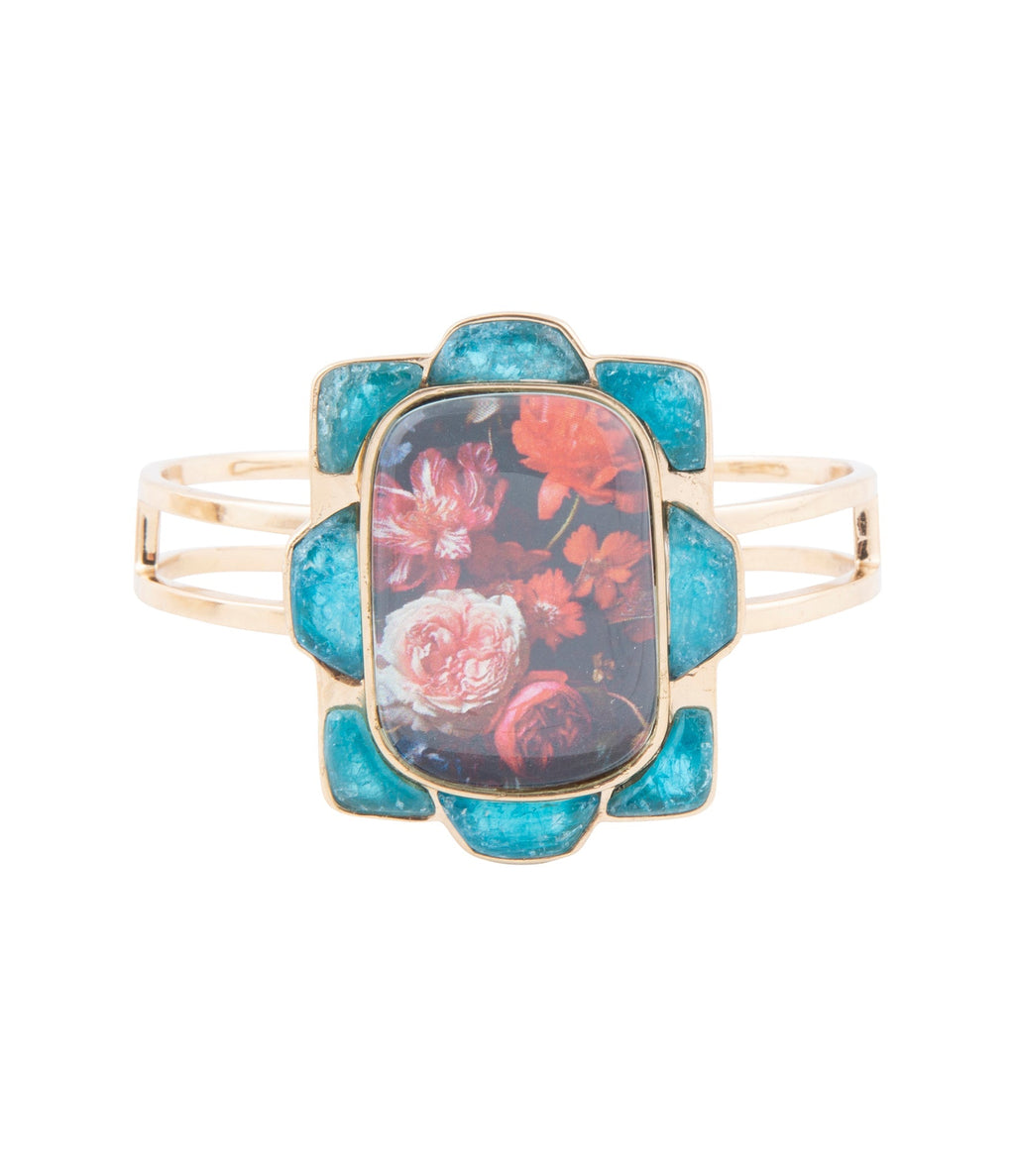 Scenic Red Floral Blue Apatite Golden Cuff Bracelet