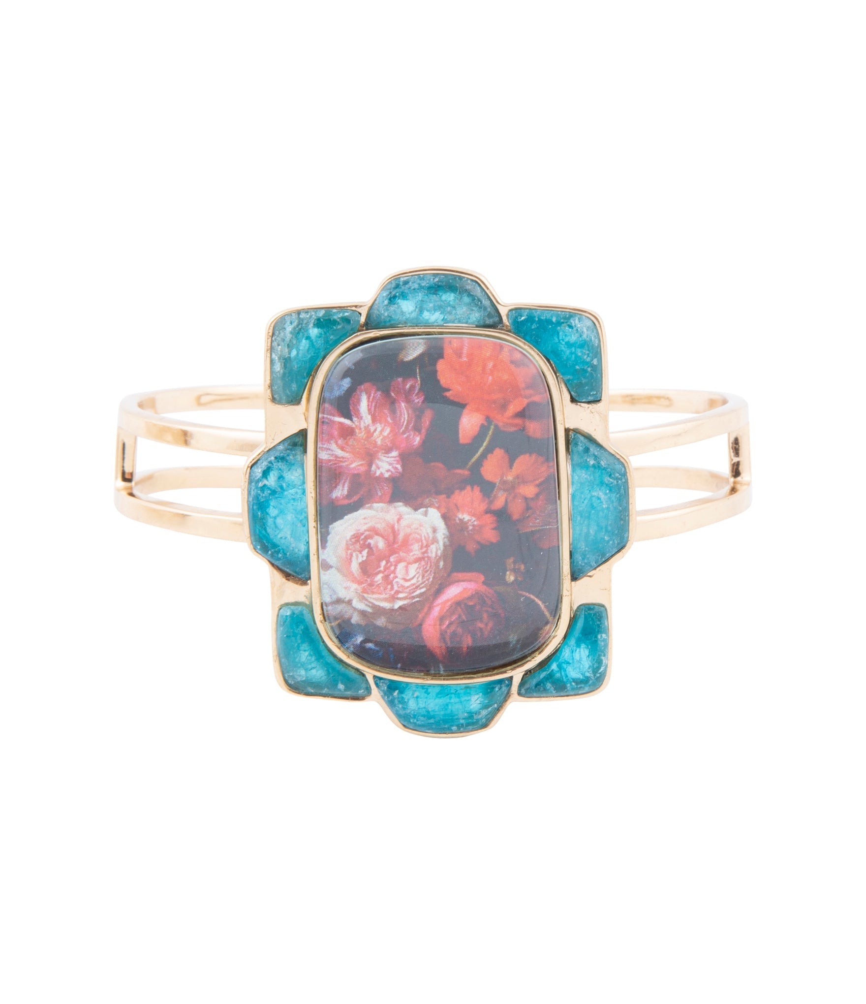 Scenic Red Floral Blue Apatite Golden Cuff Bracelet