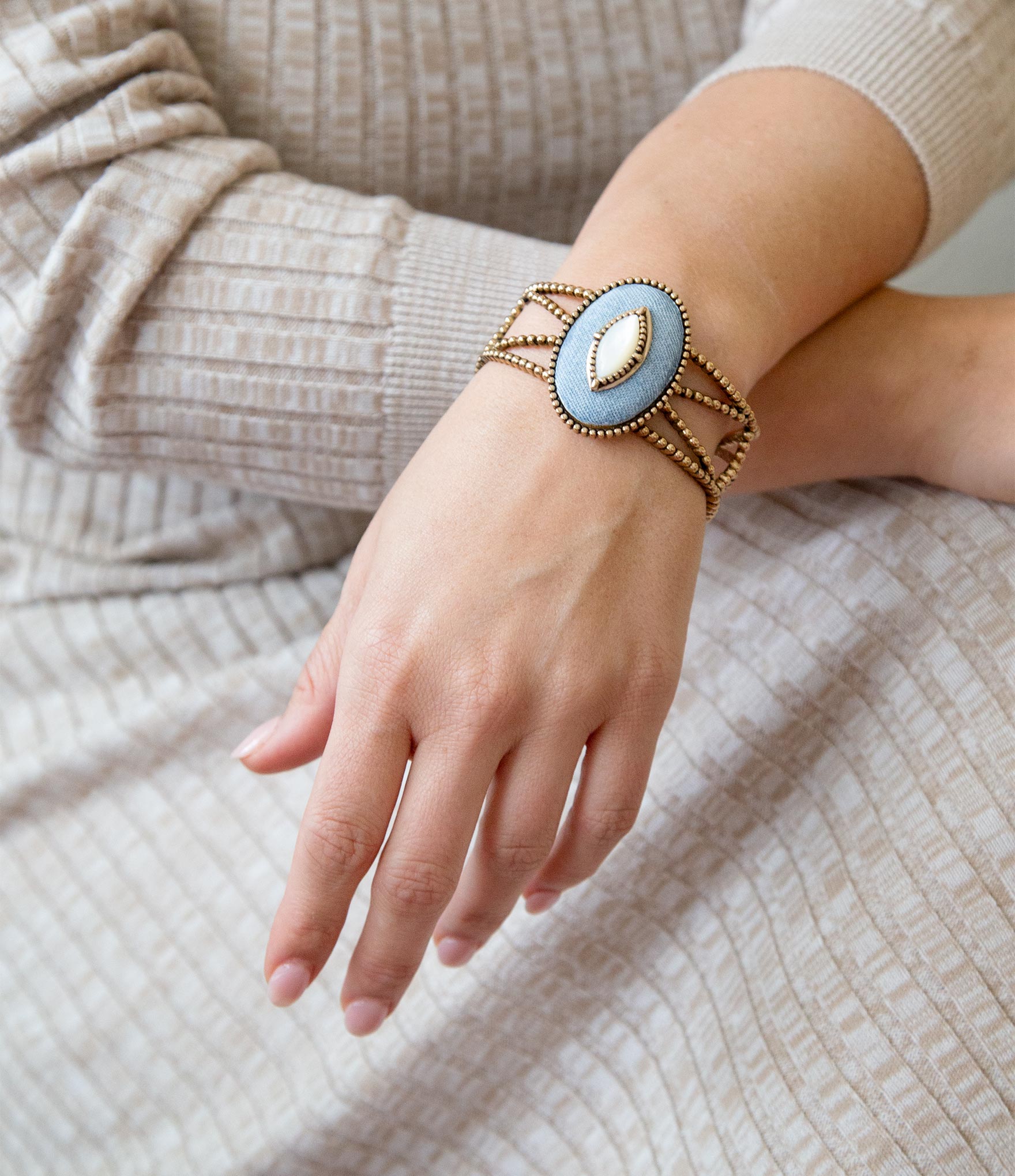 Blue Denim Dreams White Mother of Pearl Golden Cuff Bracelet