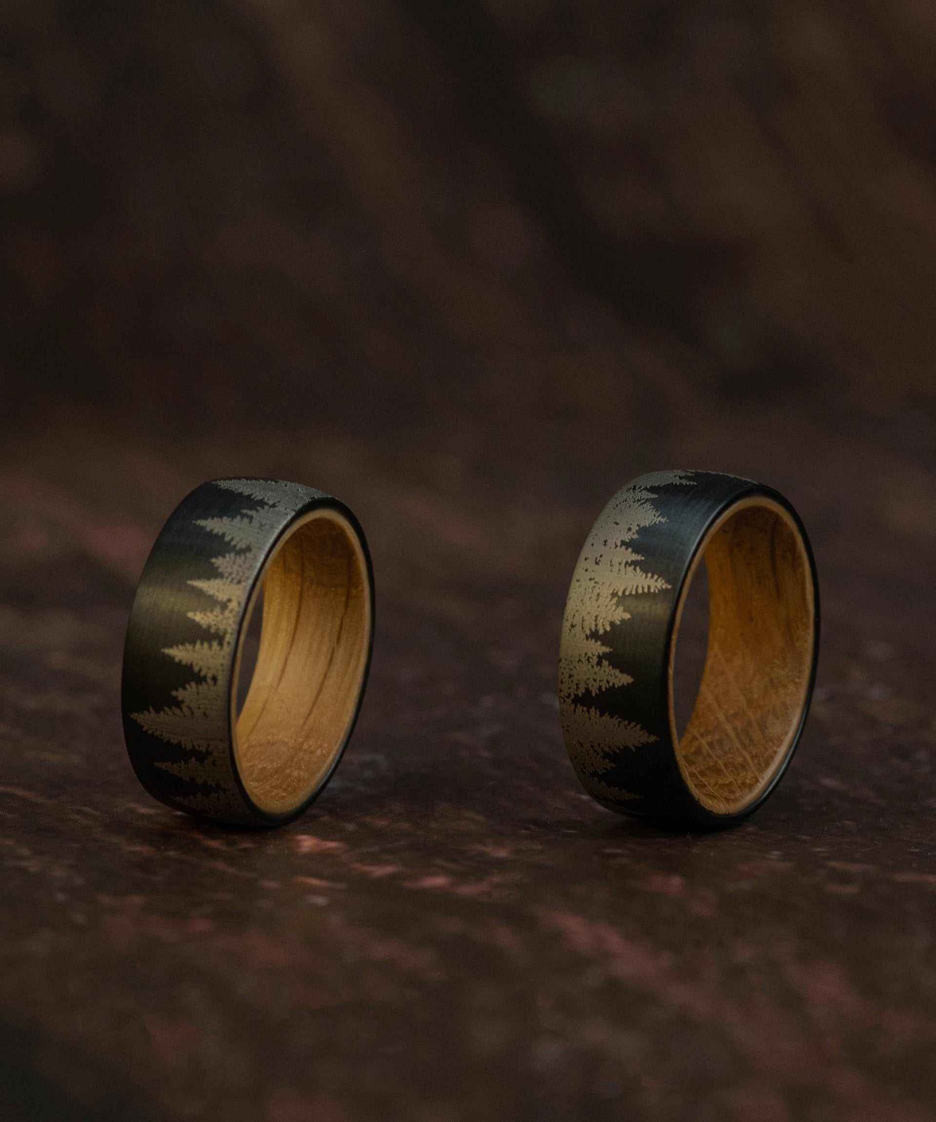 Pine Tree Forest Whiskey Barrel Tungsten Carbide Ring