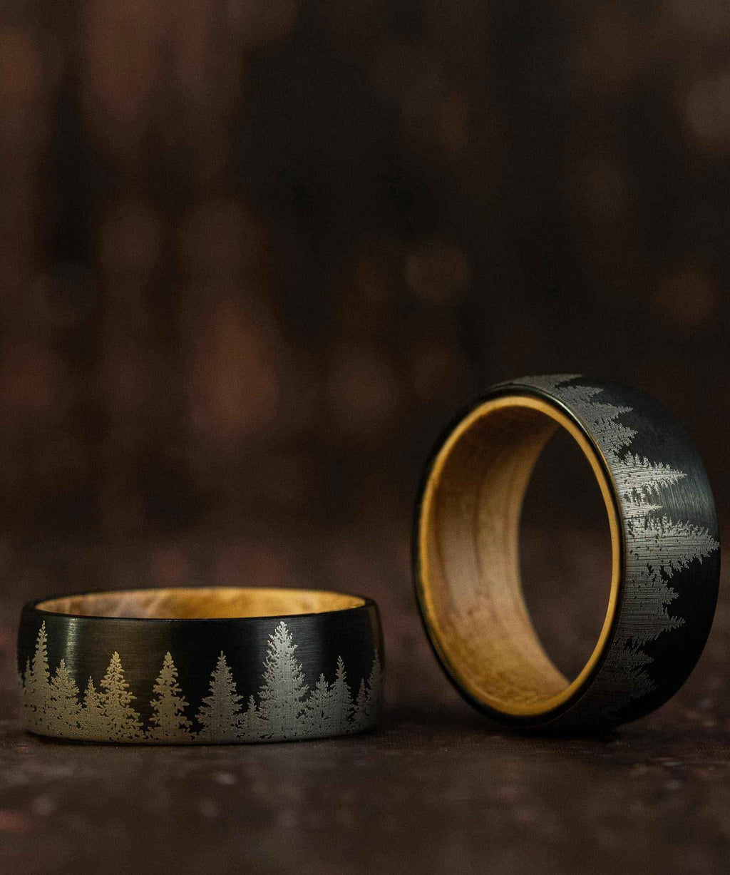 Pine Tree Forest Whiskey Barrel Tungsten Carbide Ring