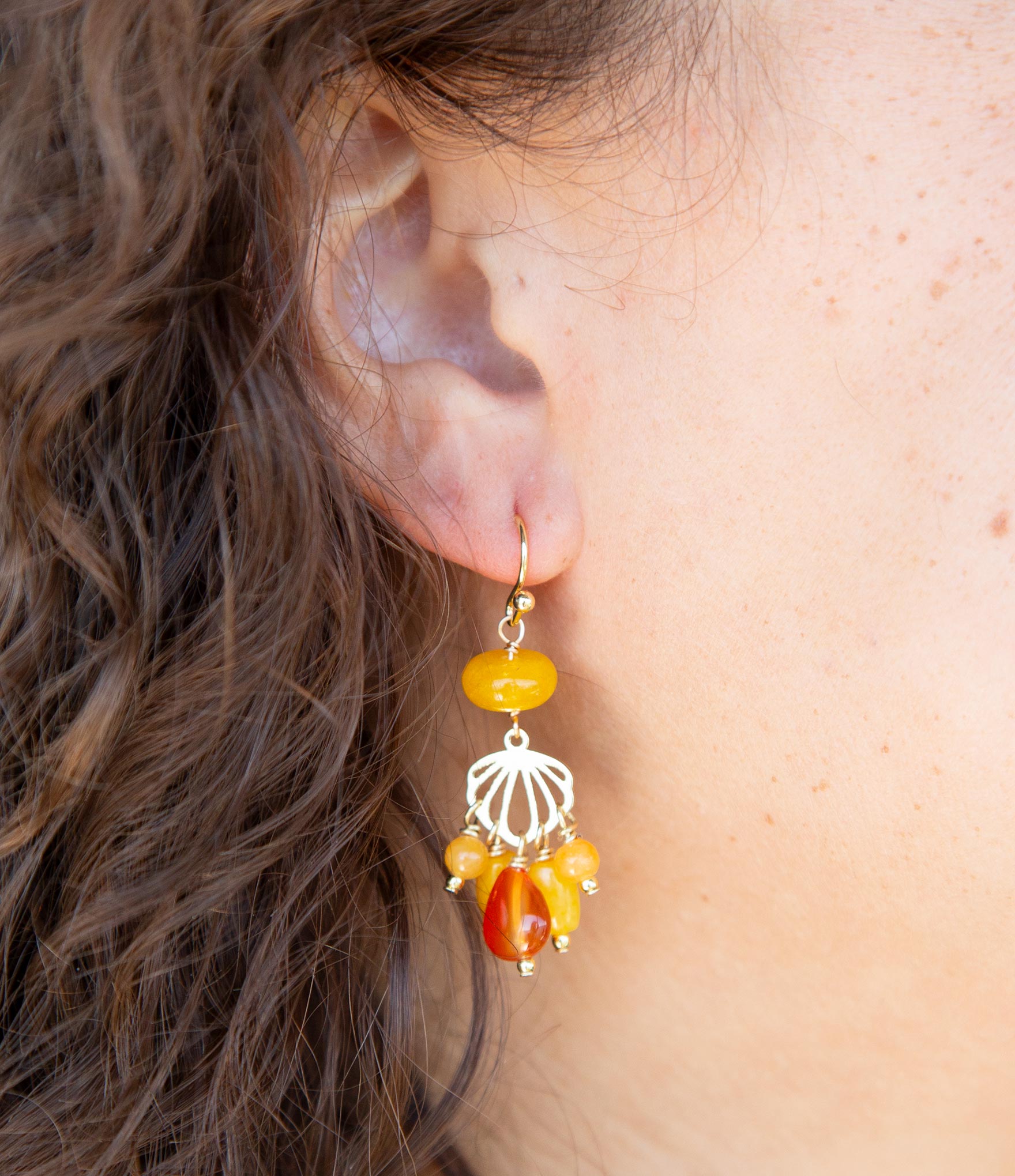 Yellow Carnelian Jade Golden Drop Earrings